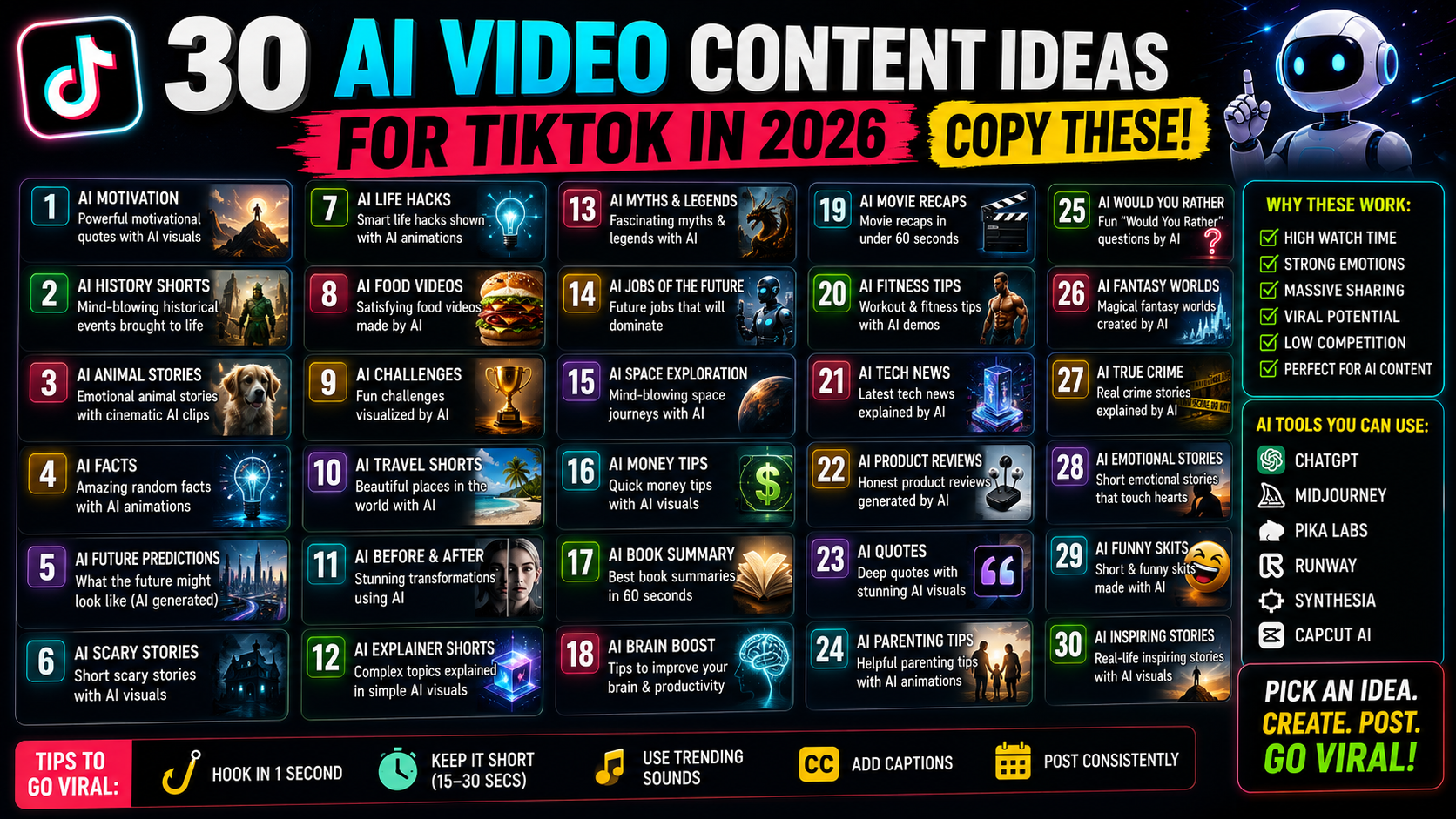 30 AI Video Content Ideas for TikTok in 2026 (Copy These)